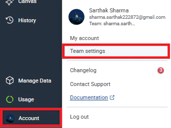Honeycomb Account menu with Team Settings
