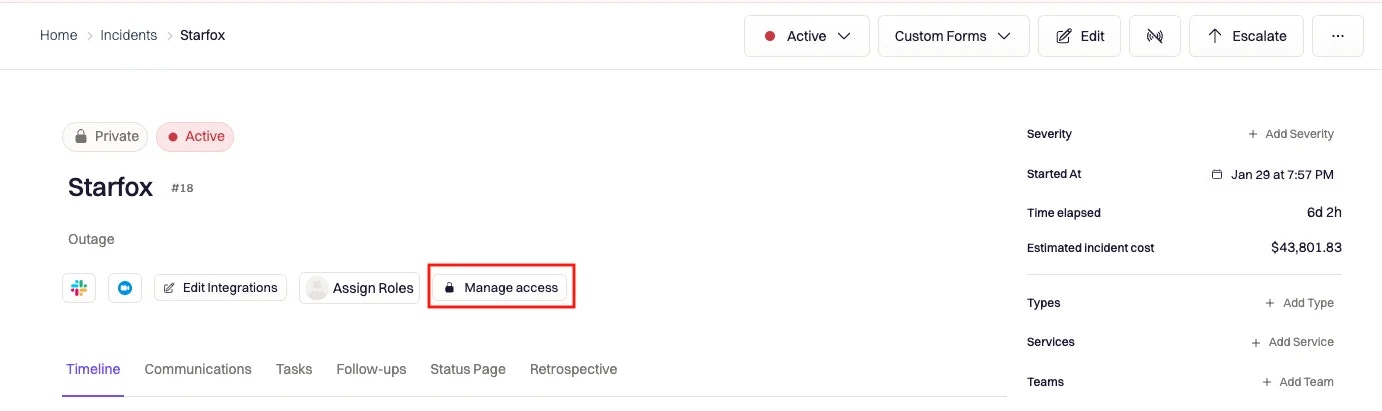 Rootly incident with the manage access button highlighted.