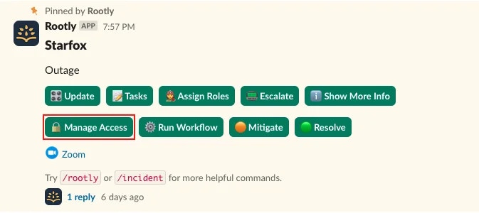 Rootly incident in Slack with the manage access button highlighted.