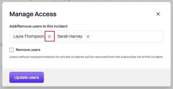 Manage access modal in the Rootly web app with a delete user option highlighted.