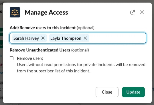 Manage users modal in Slack.
