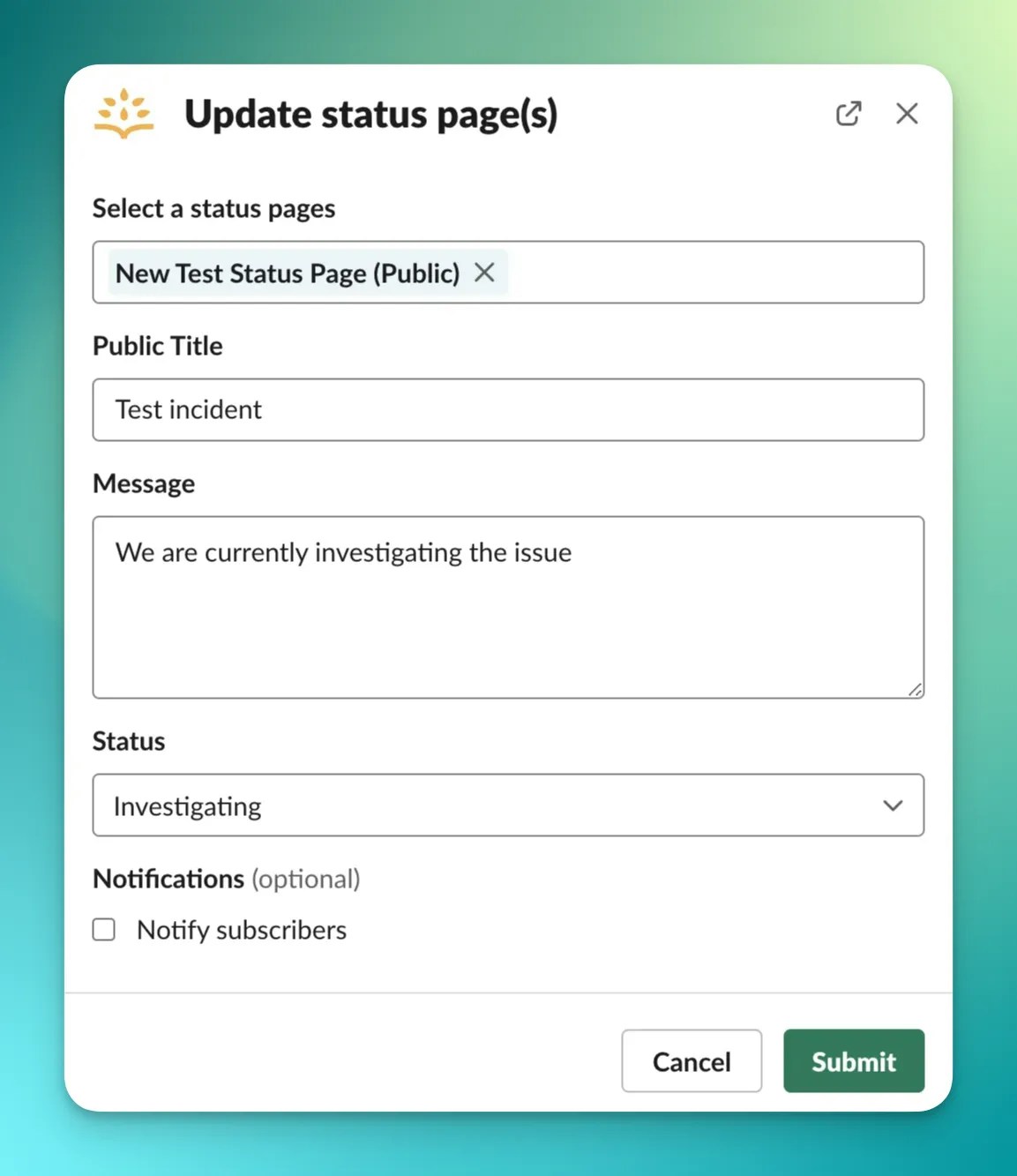 Publish an incident using Slack