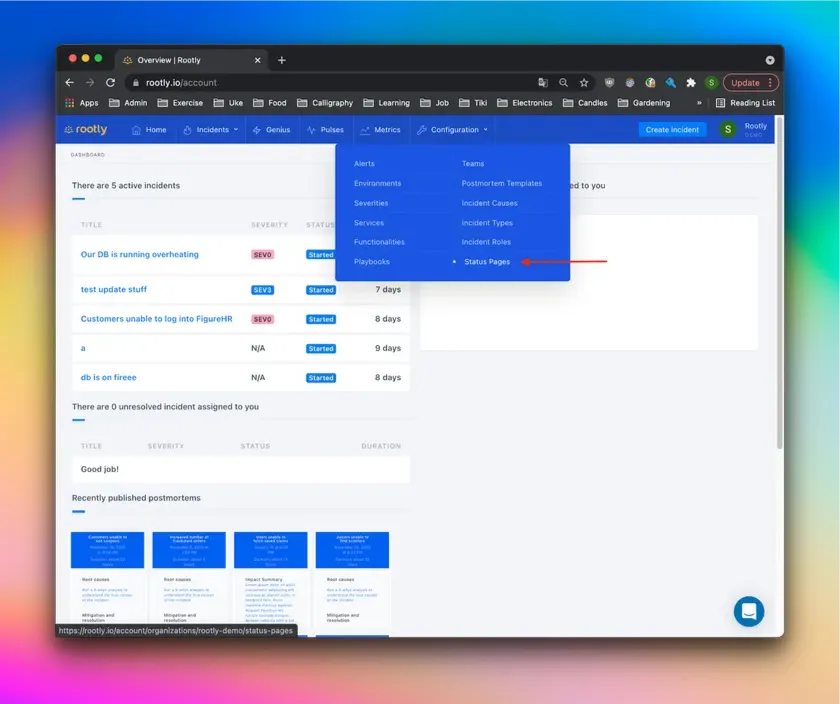 Status page menu