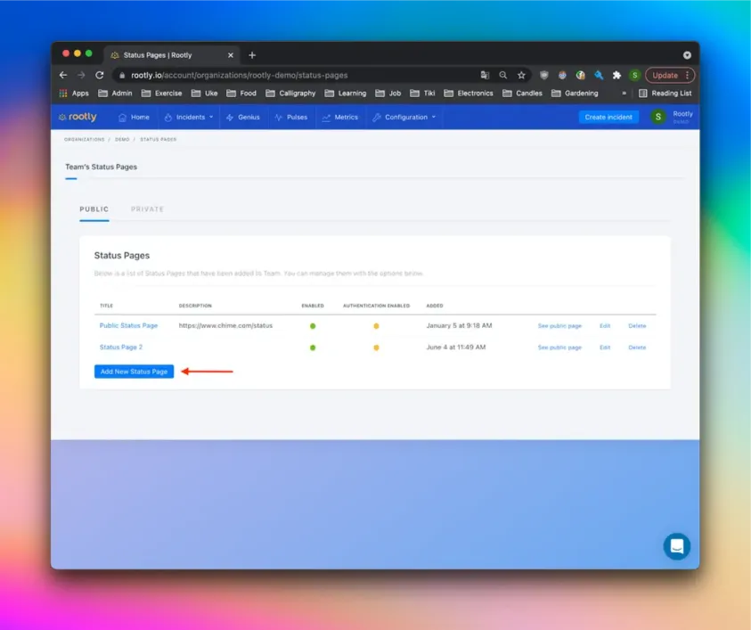 Status page dashboard