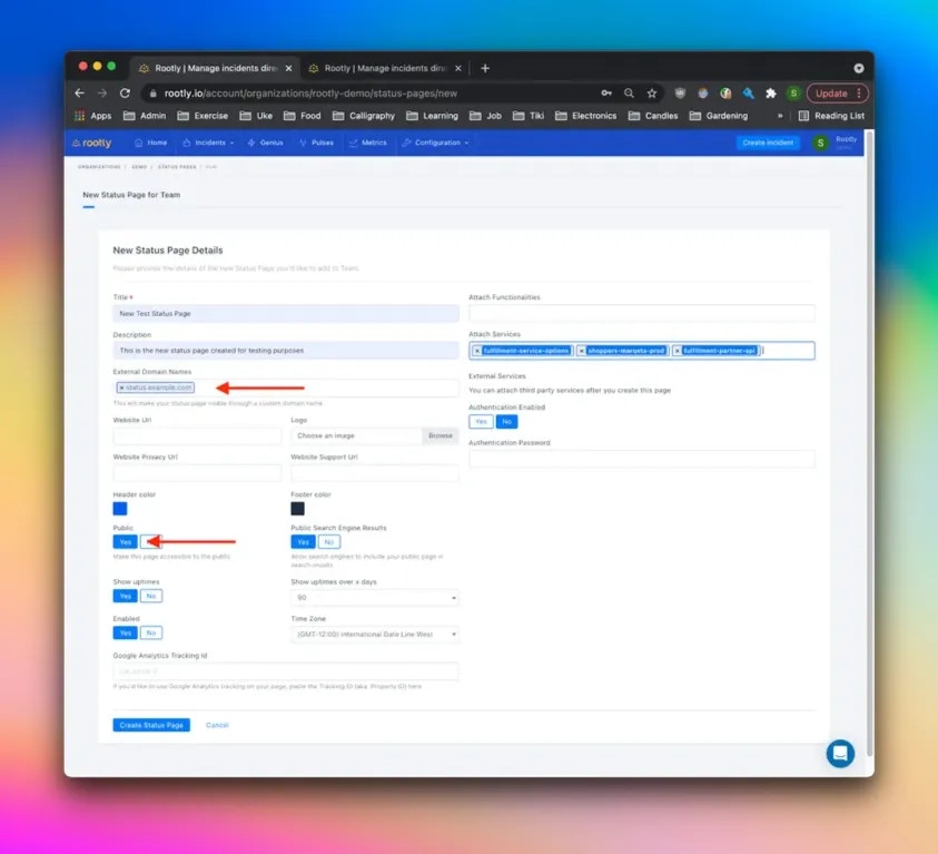 Setting a status page as public