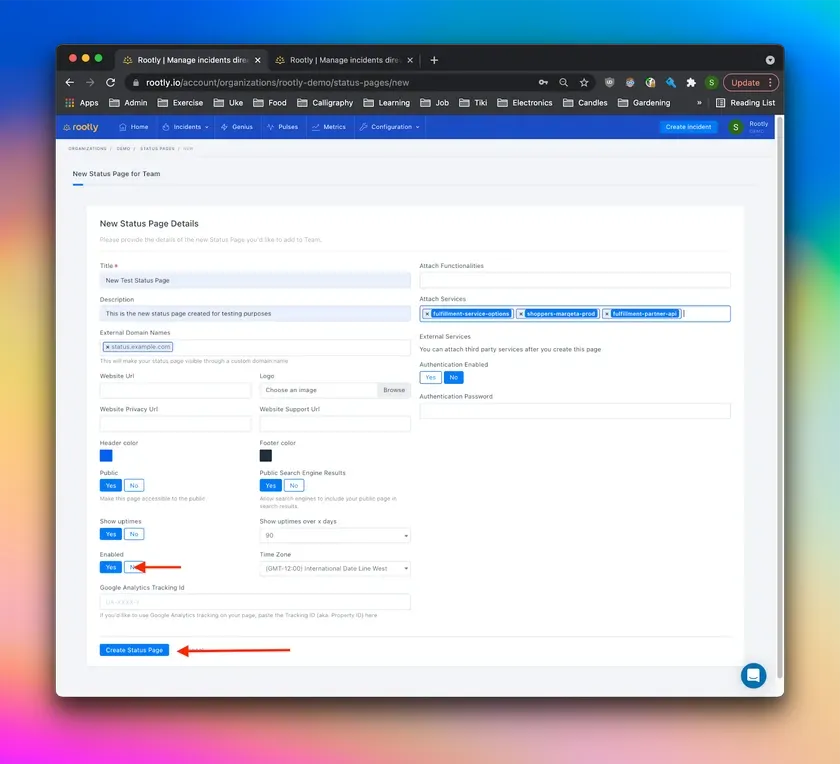 Enabling and creating the status page