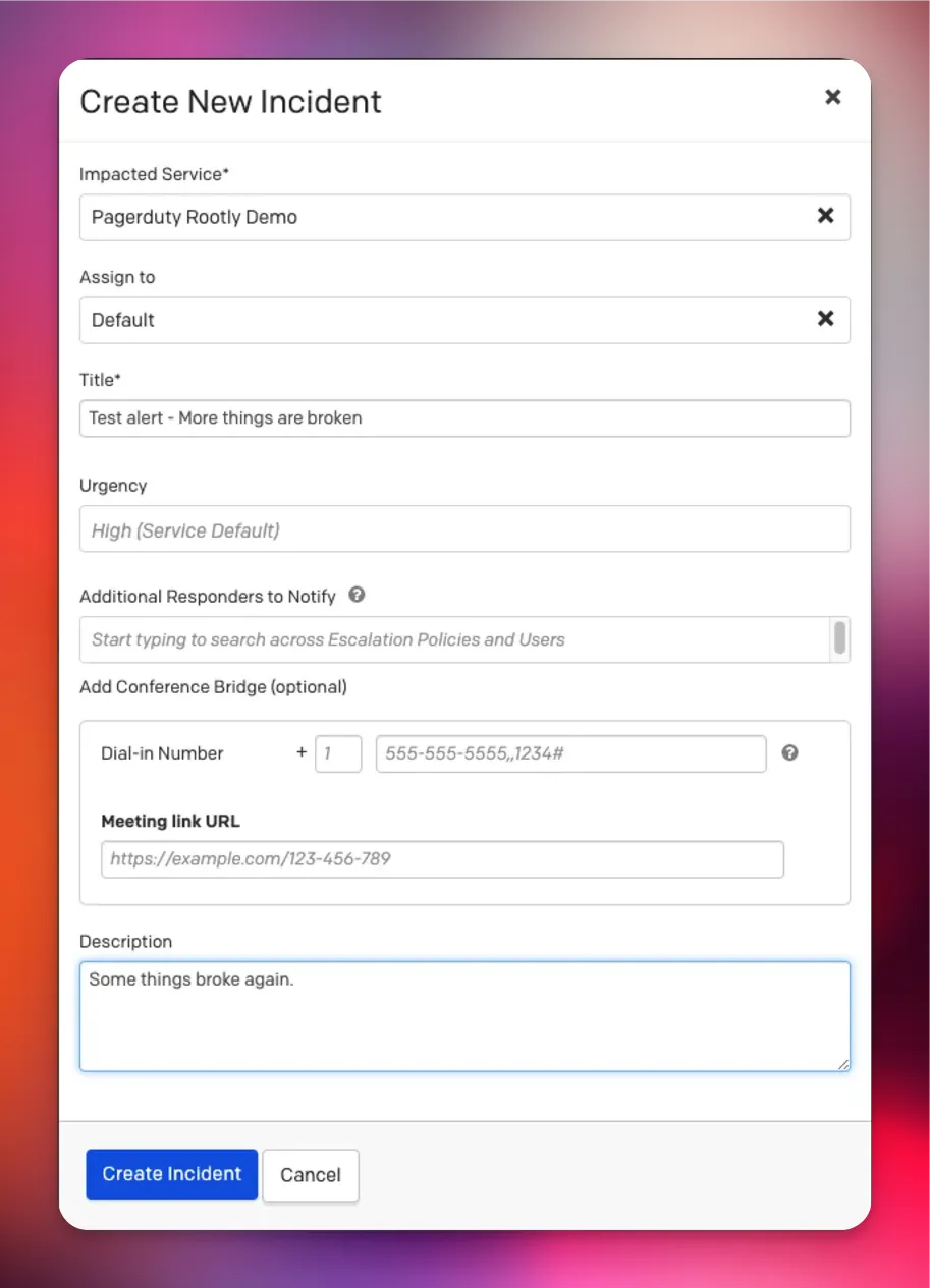 PagerDuty create new incident dialog