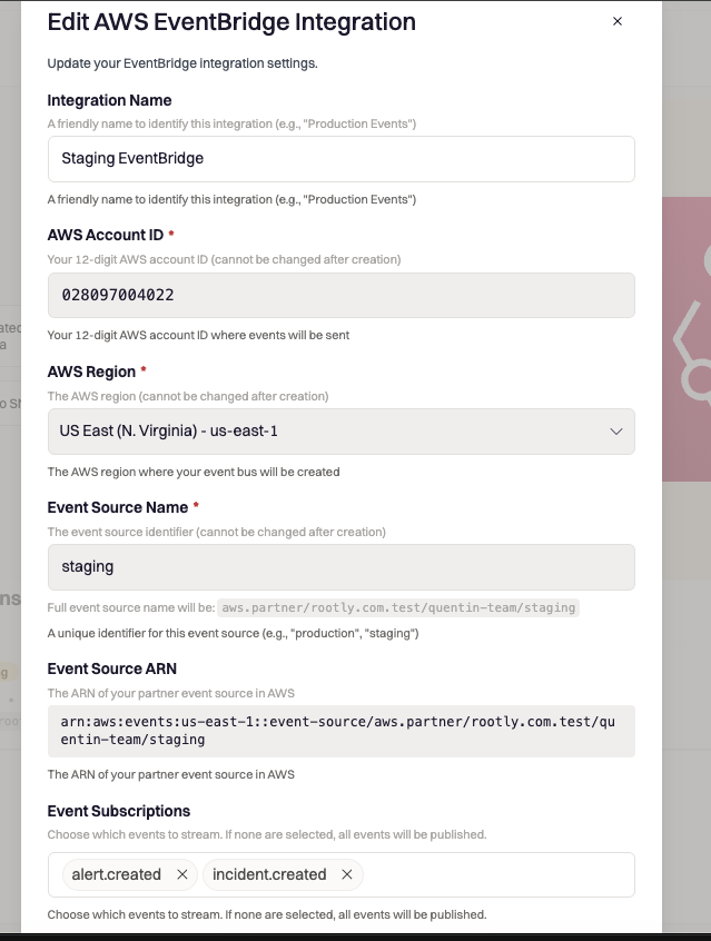 Edit AWS EventBridge integration form