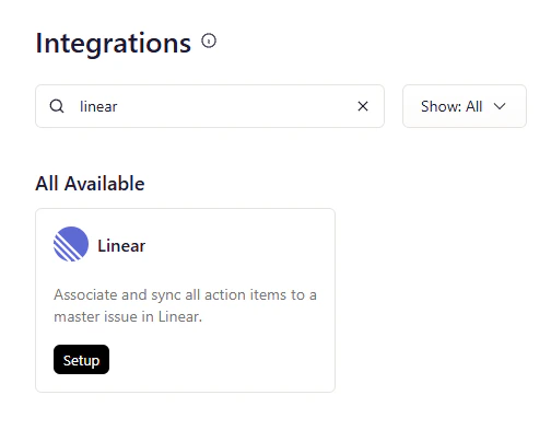 Integrations page with Linear search result
