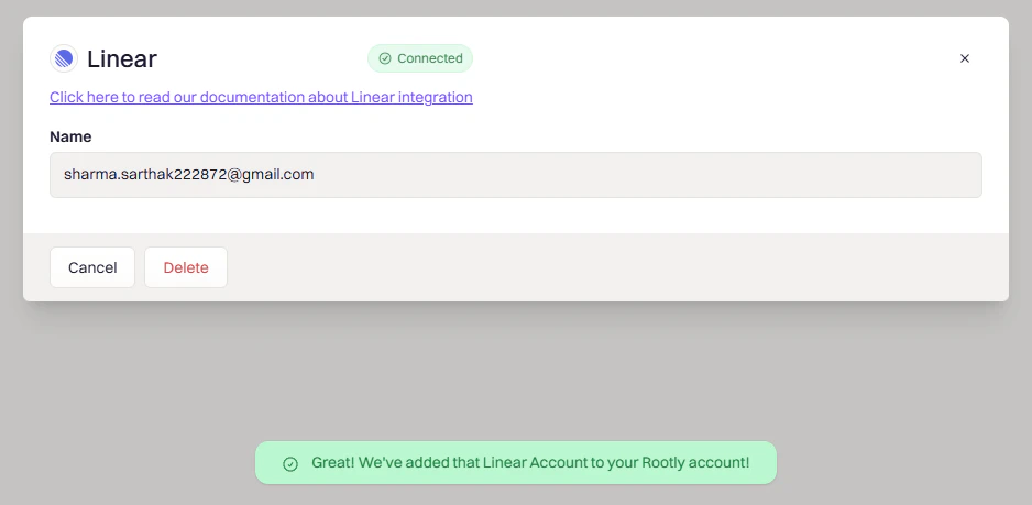 Rootly confirmation showing Linear connected successfully