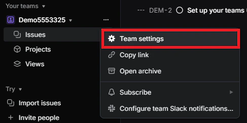 Linear workspace settings menu