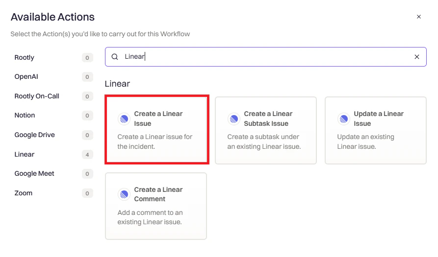 Linear action picker showing Create Linear Issue option