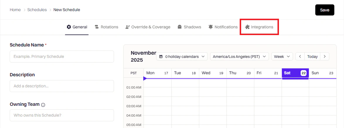 Integrations tab in schedule creation