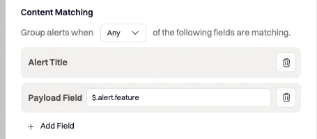 Opciones de coincidencia de contenido Setup for content matching options when creating an Alert Group.