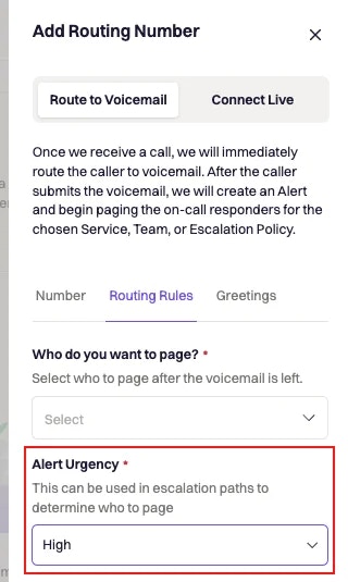 Alert urgency routing number configuration Alert urgency routing number configuration