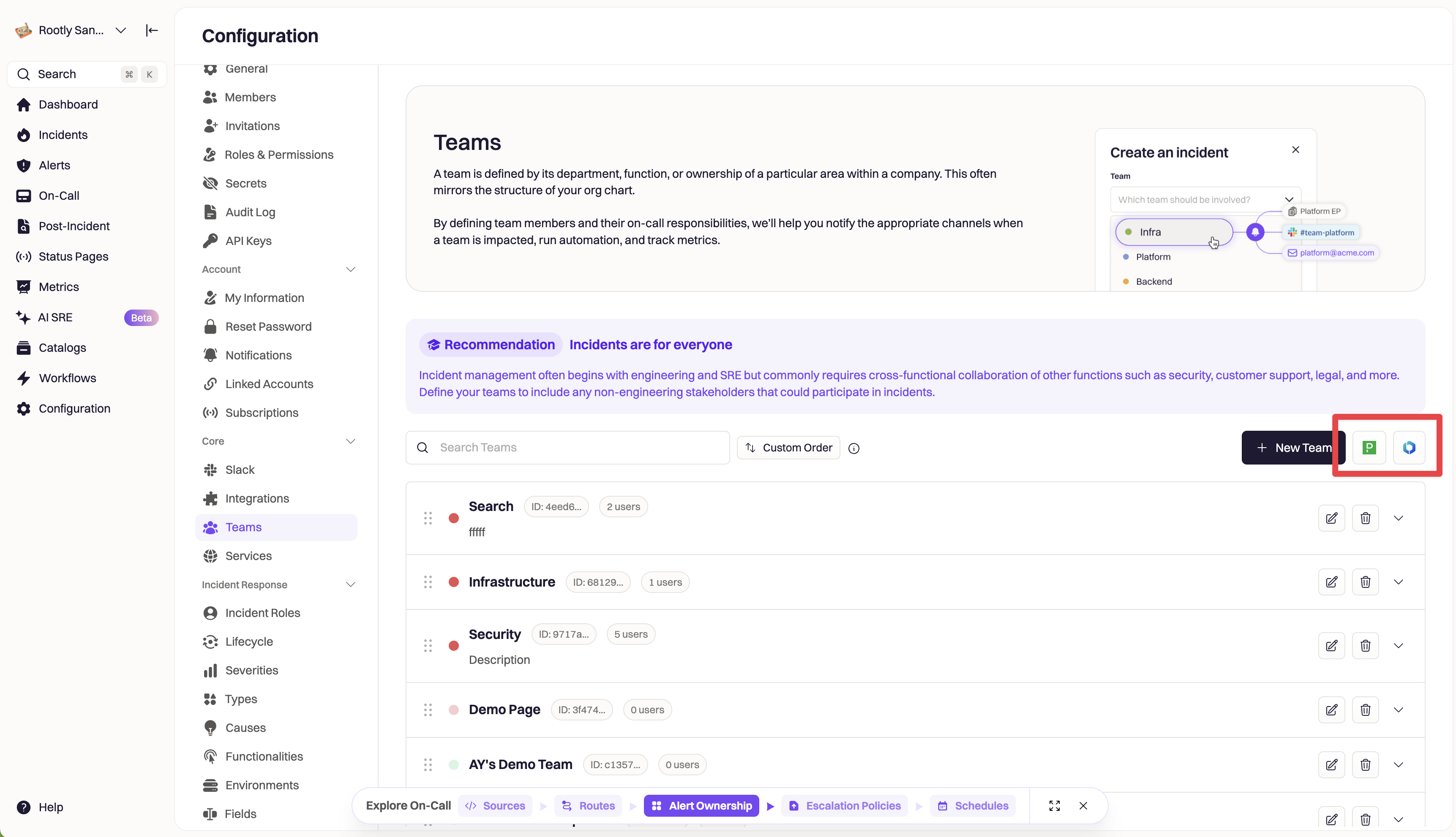 Teams page with integration import buttons