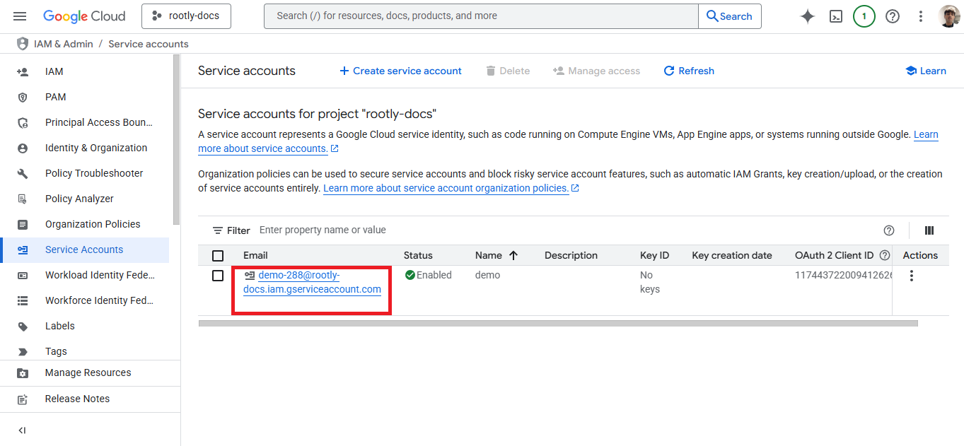 Service account email selected to open details