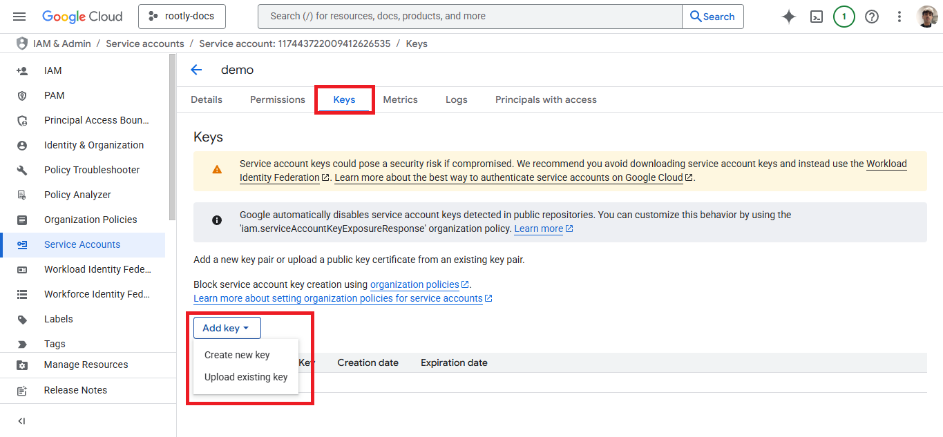 Service account Keys tab