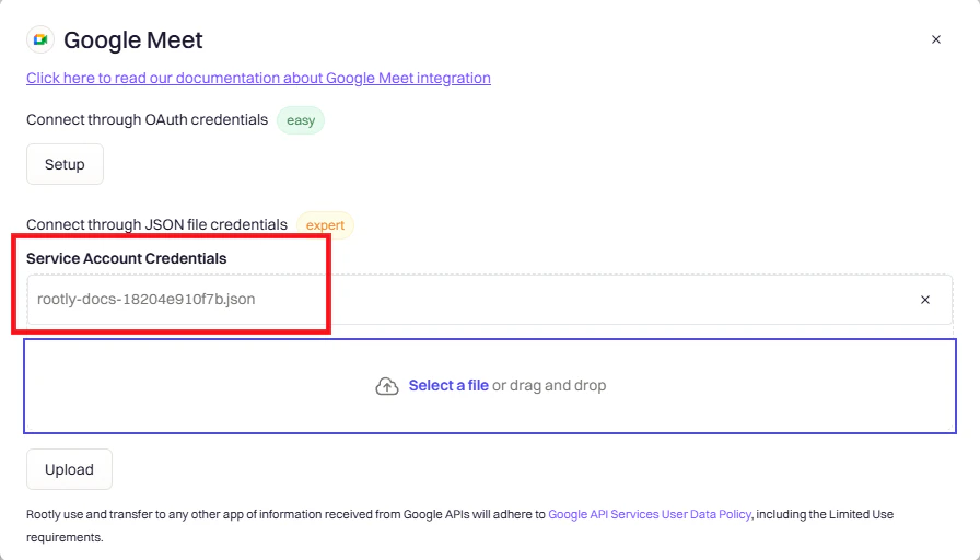 JSON key upload screen in Rootly
