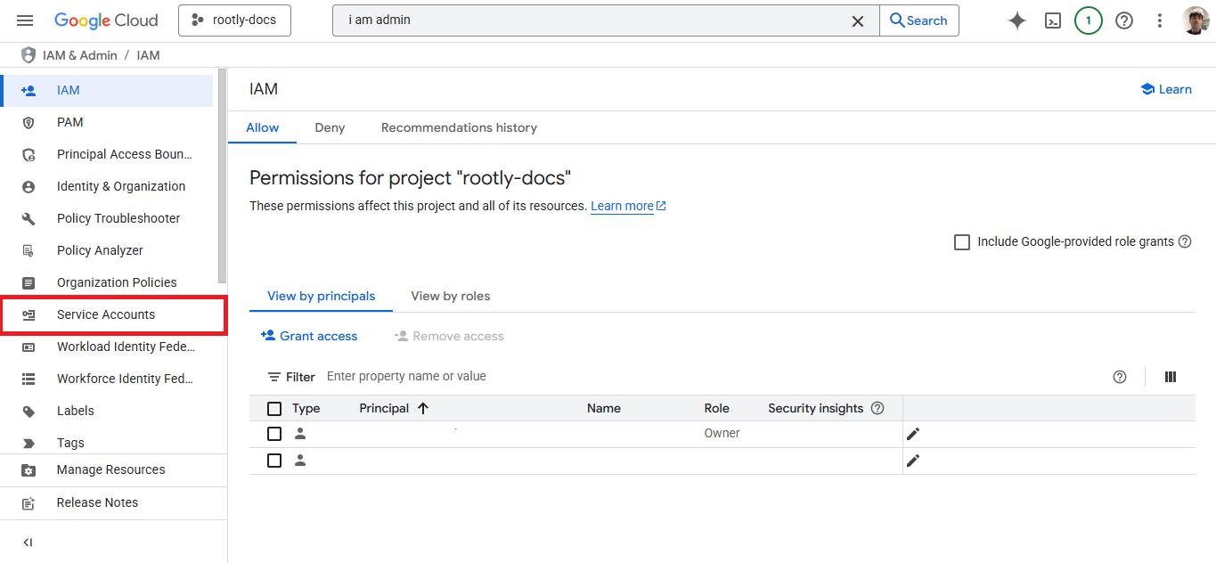 Service Accounts list in Google Cloud Console