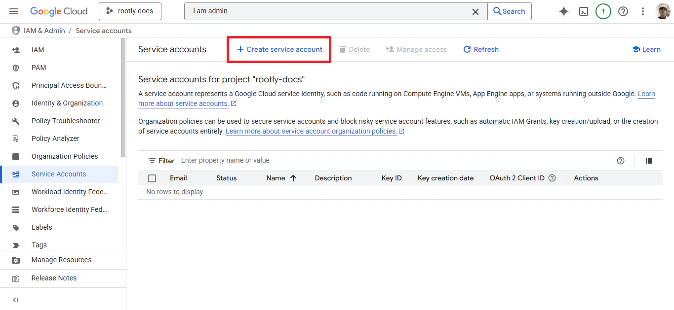 Create service account form