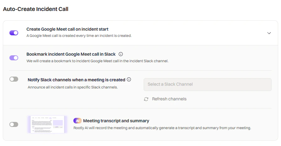 Auto-Create Incident Call panel in Rootly