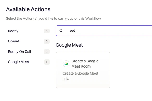 Google Meet Create room action in action picker