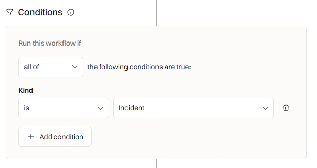 Workflow conditions panel showing filter options