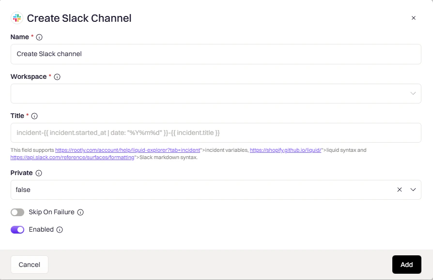 Create Slack Channel action