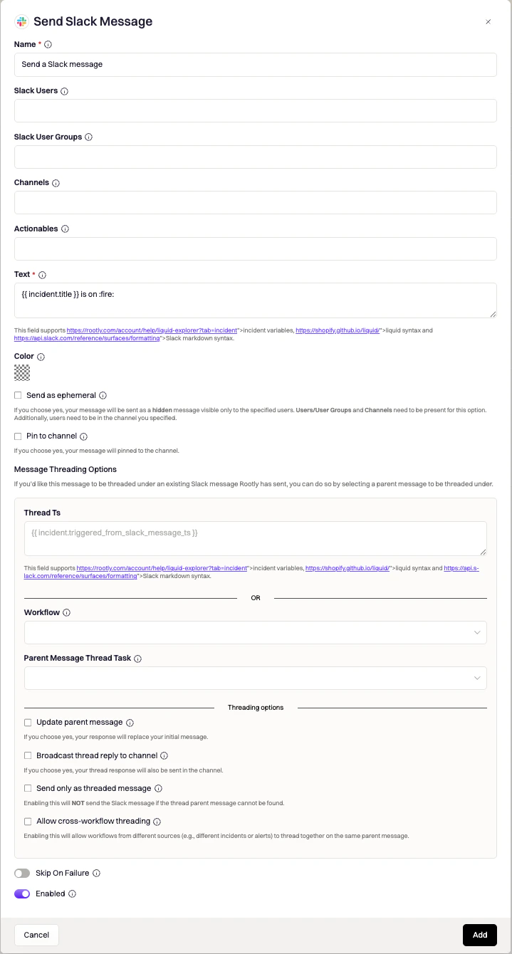 Send Slack Message action