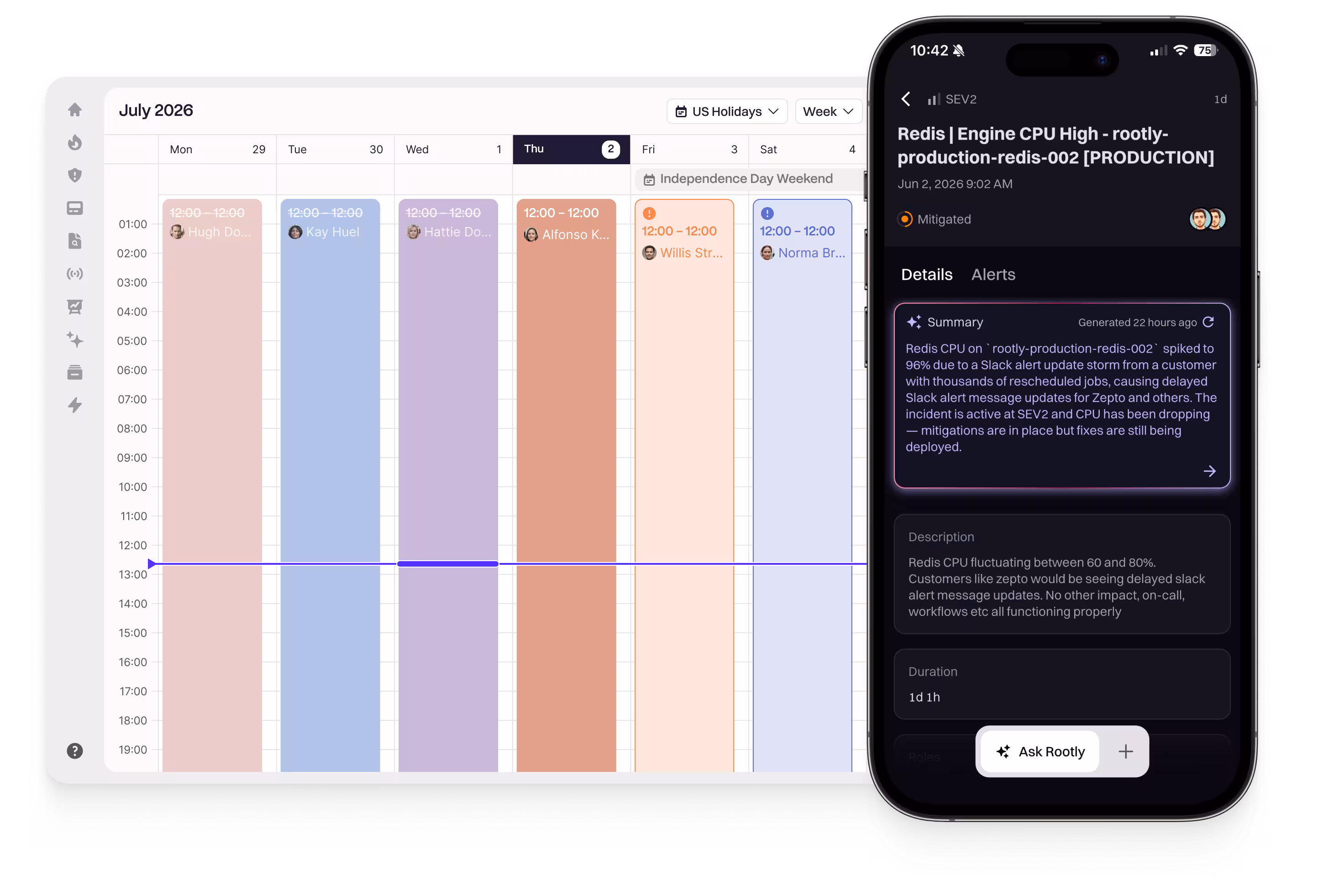 Rootly on-call schedules dashboard alongside the mobile app showing an alert timeline with Ack and Resolve buttons