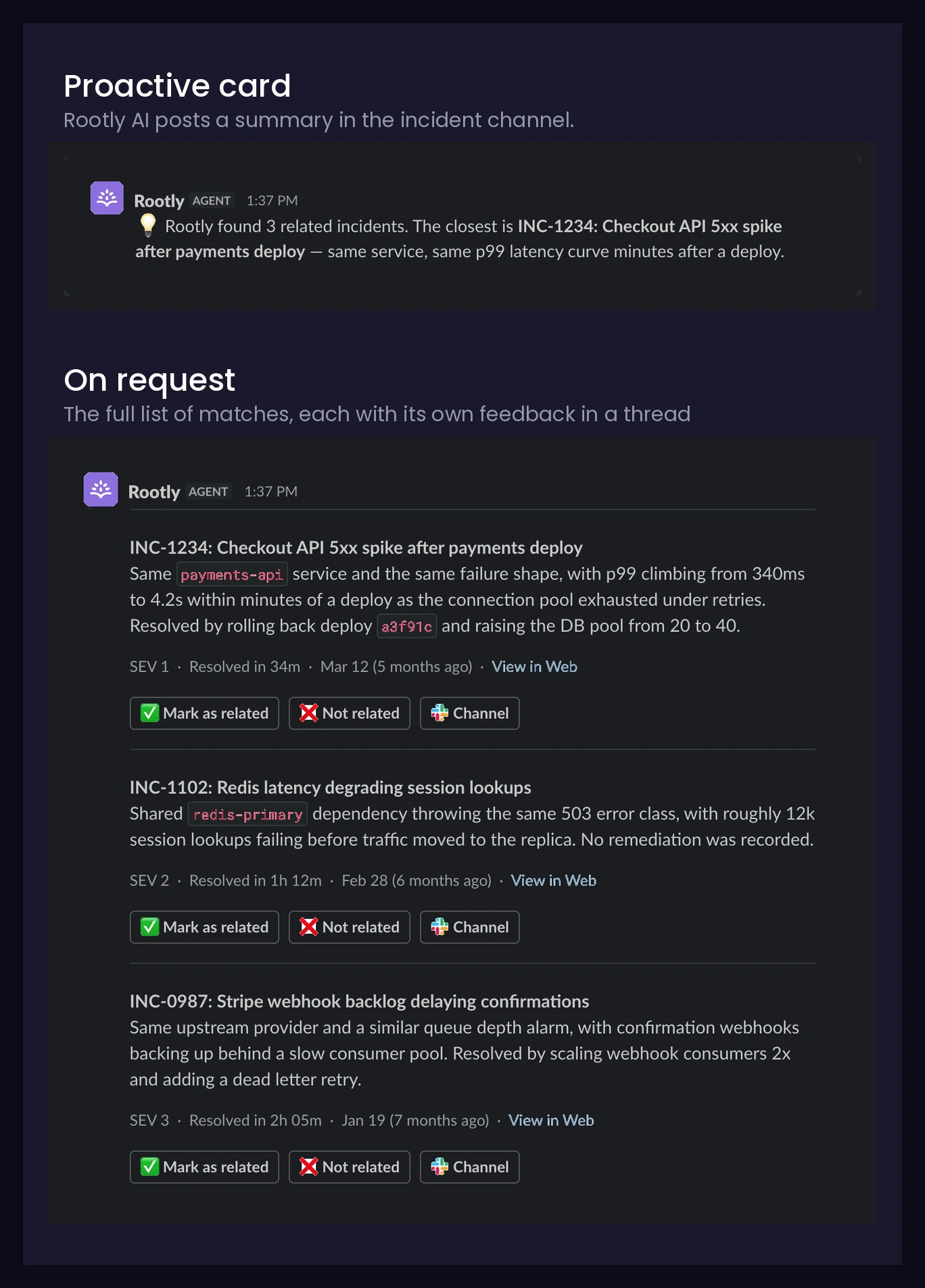 Related Incidents in Slack: a proactive summary card in the incident channel, and the full list of matches with per-incident feedback buttons when a responder asks