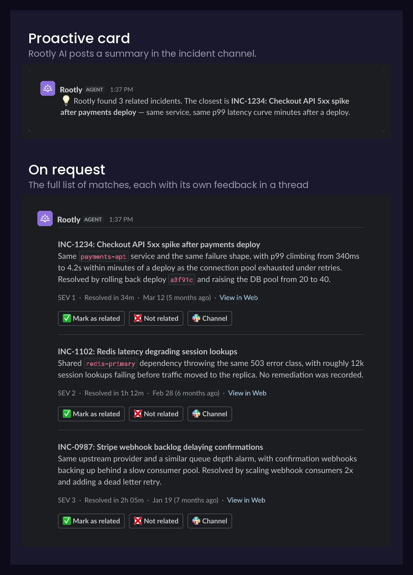 Related Incidents in Slack: a proactive summary card in the incident channel, and the full list of matches with per-incident feedback buttons when a responder asks