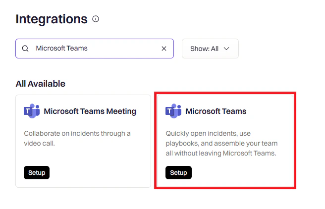 Microsoft Teams integration setup button