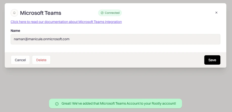 Rootly showing Microsoft Teams connected successfully