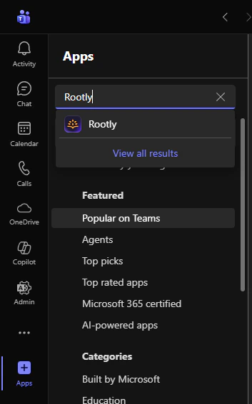 Microsoft Teams Apps store with Rootly search
