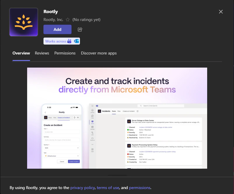 Rootly app in Teams store with Add button