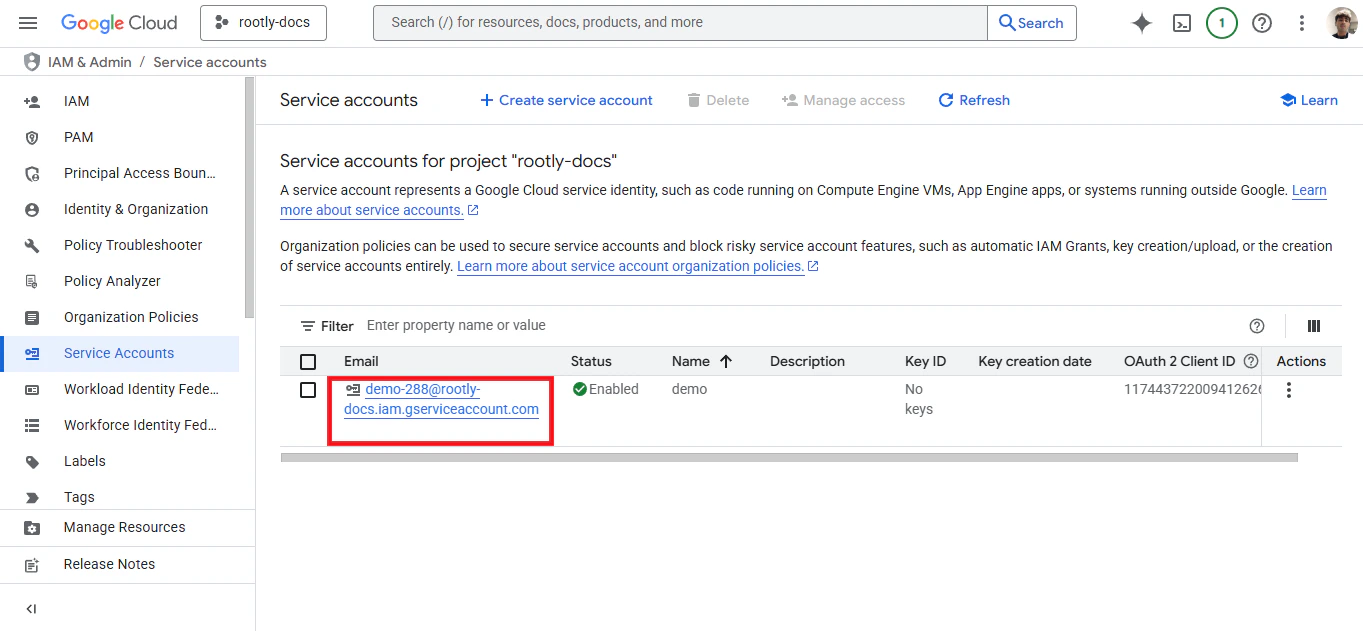 Keys tab in service account details