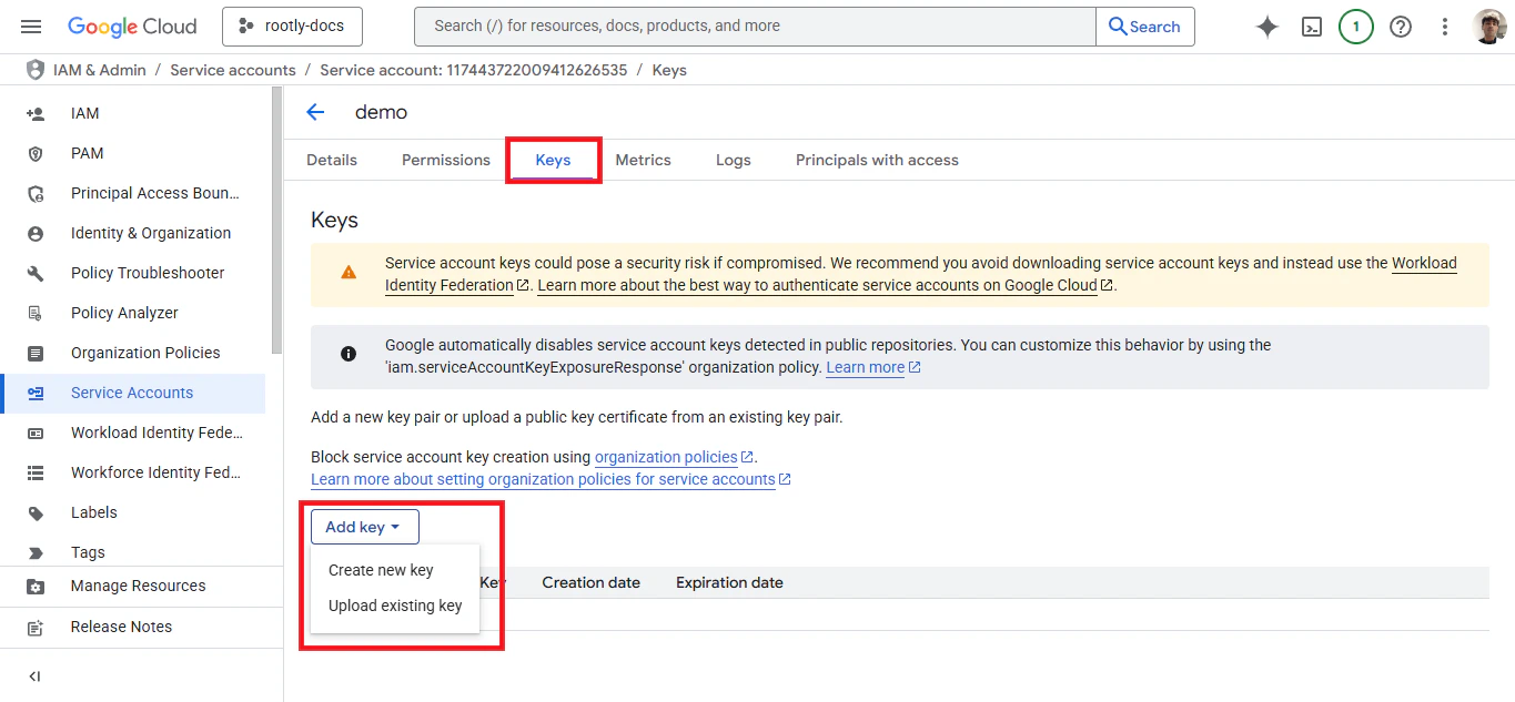 Create new JSON key dialog