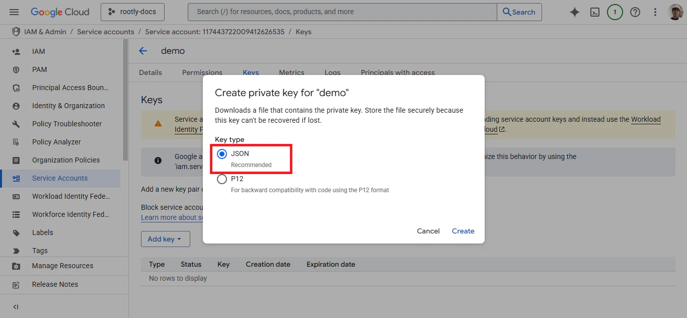 Upload JSON key to Rootly setup screen