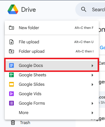Create new Google Doc in Google Drive
