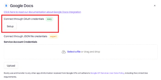 Integrations page with Google Docs search result