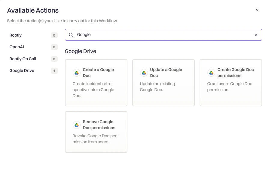 Google Docs Create Doc action selected