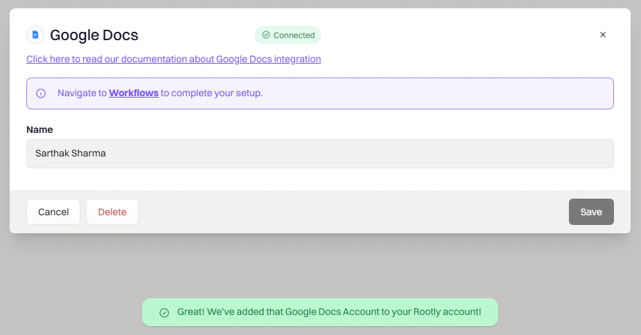 Google Docs setup button