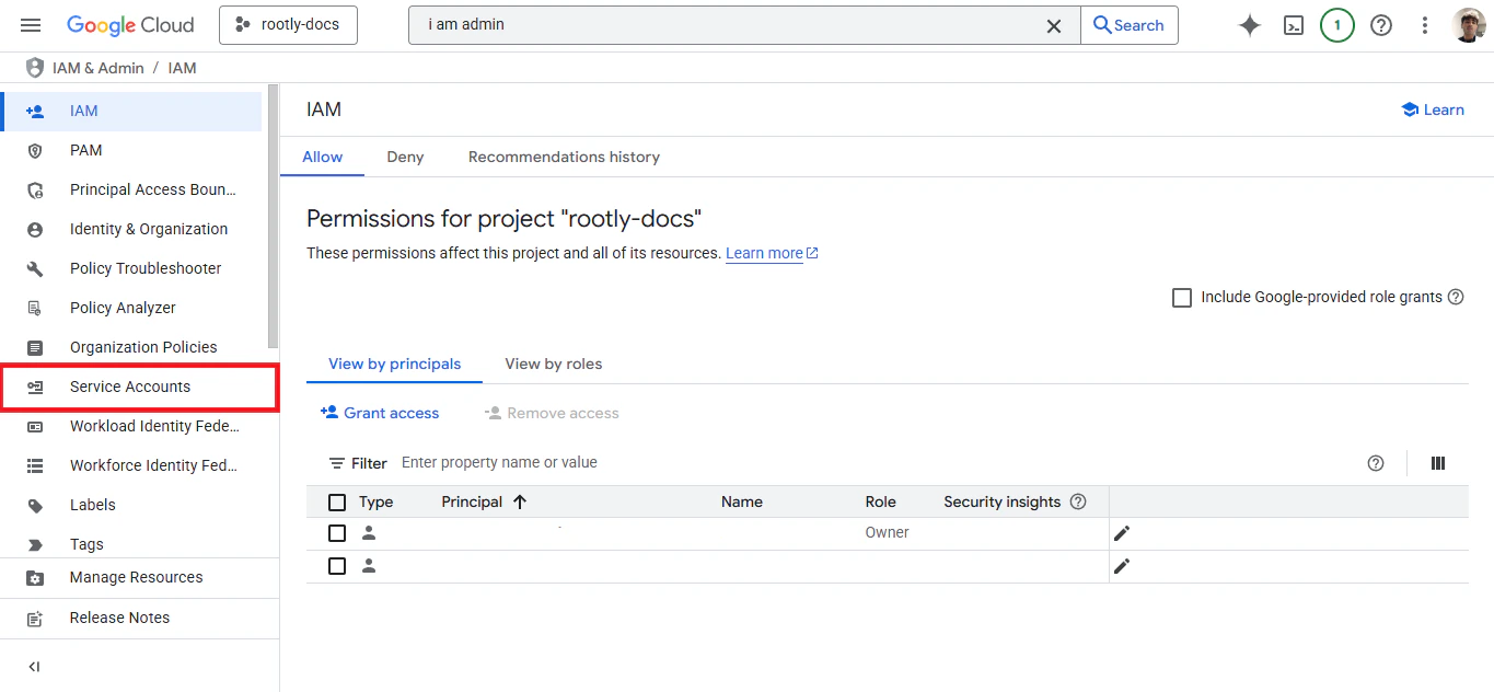 Create service account form in Google Cloud