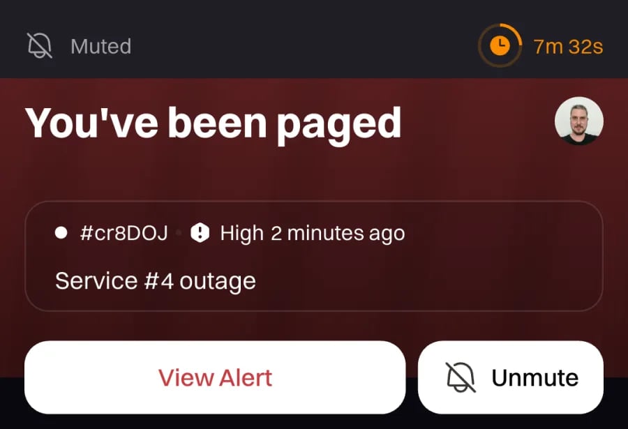 Rootly mobile Muted banner with a 7m 32s countdown, above a You've been paged card with View Alert and Unmute buttons