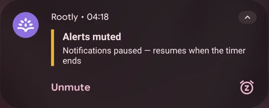Rootly Android ongoing notification reading Alerts muted with a countdown, the text Notifications paused, and an Unmute action