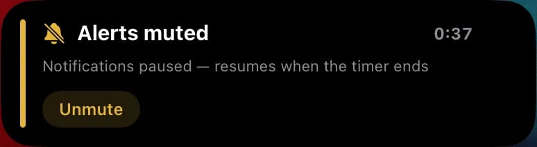 Alerts muted Live Activity card with a countdown, the text Notifications paused, and an Unmute button