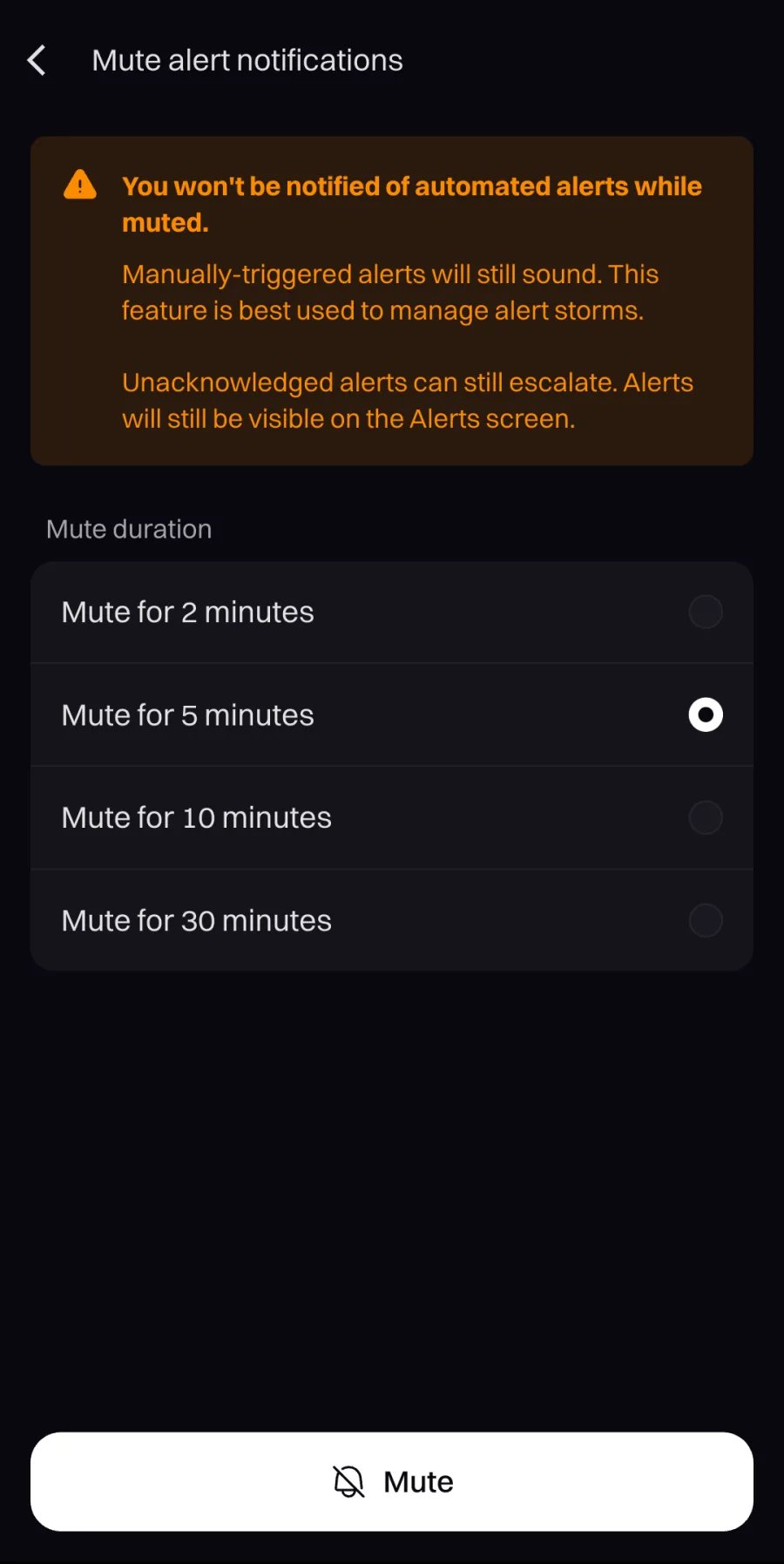 Rootly mobile Mute alert notifications screen with a warning callout and options to mute for 2, 5, 10, or 30 minutes