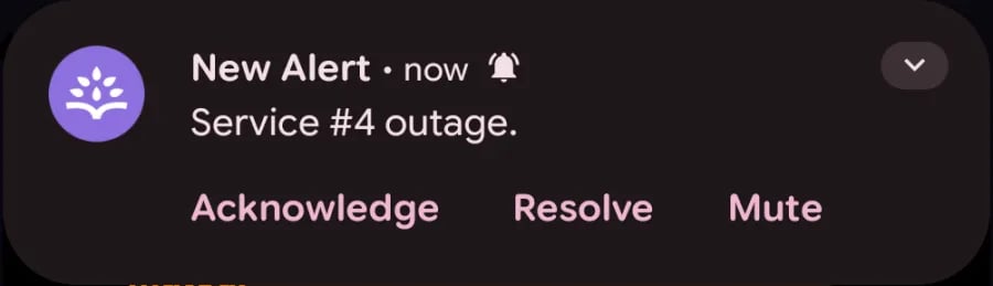 Rootly alert push notification for a service outage showing Acknowledge, Resolve, and Mute action buttons